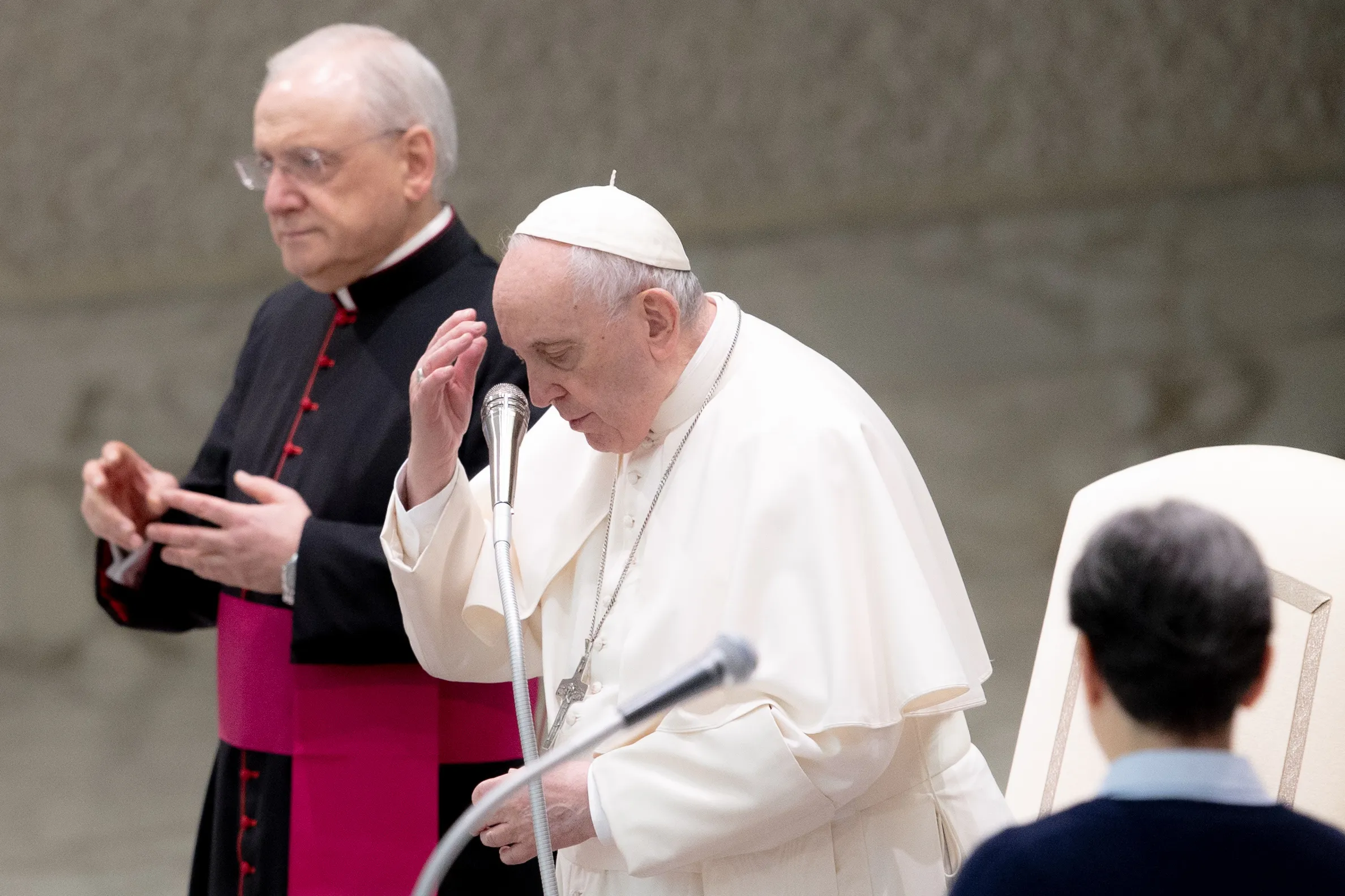 Pope Francis prays at the general audience in Paul VI Hall on Feb. 16, 2022.?w=200&h=150