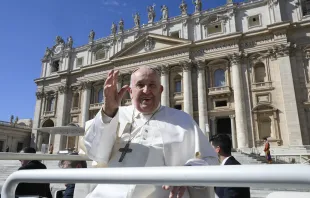 Pope Francis waves to pilgrims gathered in St. Peter’s Square for his Wednesday general audience on March 20, 2024. Credit: Vatican Media