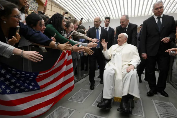 Pope Francis greets American pilgrims at his Wednesday general audience on March 27, 2024. Credit: Vatican Media
