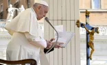 Pope Francis addresses pilgrims gathered in St. Peter’s Square for his Wednesday general audience on April 17, 2024, at the Vatican.