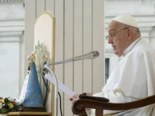 Pope Francis addresses pilgrims gathered in St. Peter’s Square during his Wednesday general audience on May 8, 2024.