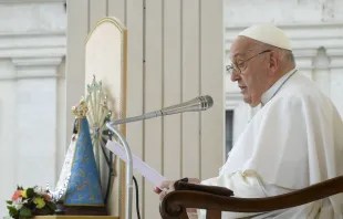 Pope Francis addresses pilgrims gathered in St. Peter’s Square during his Wednesday general audience on May 8, 2024. Credit: Vatican Media