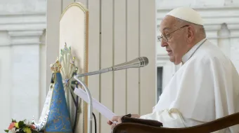 Pope Francis addresses pilgrims gathered in St. Peter’s Square during his Wednesday general audience on May 8, 2024.