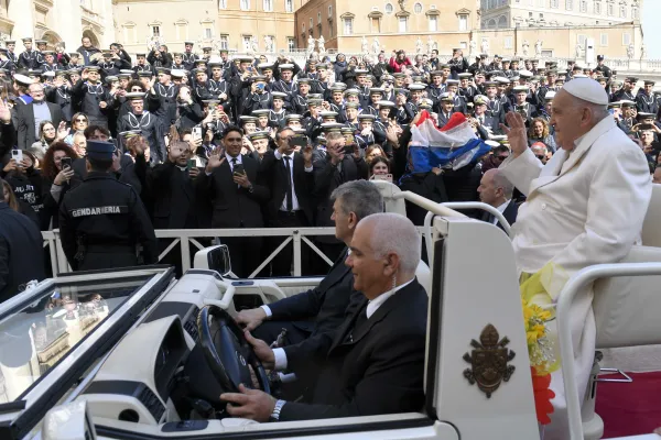 Pope Francis greets pilgrims gathered in St. Peter’s Square for his Wednesday general audience on March 13, 2024. Credit: Vatican Media