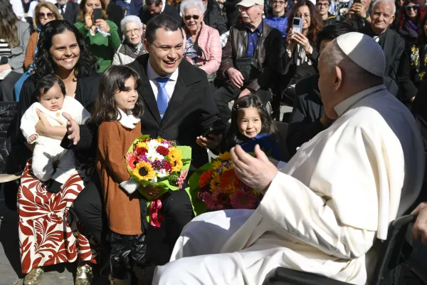 Pope Francis greets pilgrims gathered in St. Peter’s Square for his Wednesday general audience on March 20, 2024. Credit: Vatican Media