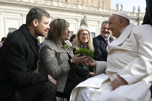 Pope Francis greets pilgrims gathered in St. Peter’s Square for his Wednesday general audience on March 13, 2024. Credit: Vatican Media