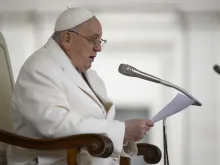 Pope Francis addresses pilgrims gathered in St. Peter’s Square for his Wednesday general audience on March 13, 2024.