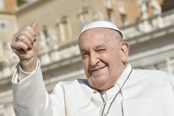 Pope Francis waves to pilgrims gathered in St. Peter’s Square for his Wednesday general audience on March 20, 2024. Credit: Vatican Media
