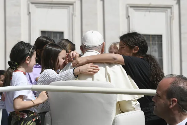 Pope Francis greets young people gathered in St. Peter’s Square for his Wednesday general audience on April 17, 2024, at the Vatican. Credit: Vatican Media