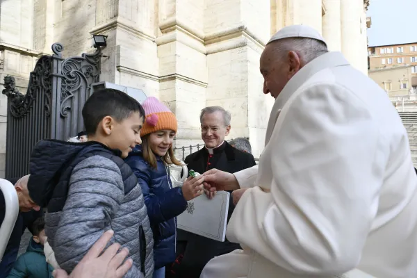 Pope Francis greets children gathered in St. Peter’s Square for his Wednesday general audience on March 13, 2024. Credit: Vatican Media