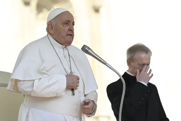 Pope Francis prays during his Wednesday general audience on March 20, 2024, in St. Peter’s Square at the Vatican. Credit: Vatican Media