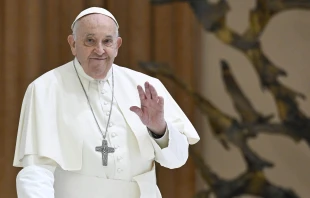 Pope Francis waves to pilgrims gather in Paul VI Audience Hall for his Wednesday general audience on March 27, 2024. Credit: Vatican Media