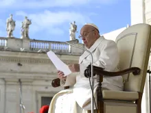 Pope Francis addresses pilgrims gathered in St. Peter’s Square at the Vatican for his Wednesday general audience on April 24, 2024.
