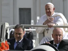 Pope Francis greets pilgrims as he arrives at his general audience on Wednesday, May 29,  2024, in St. Peter’s Square at the Vatican.