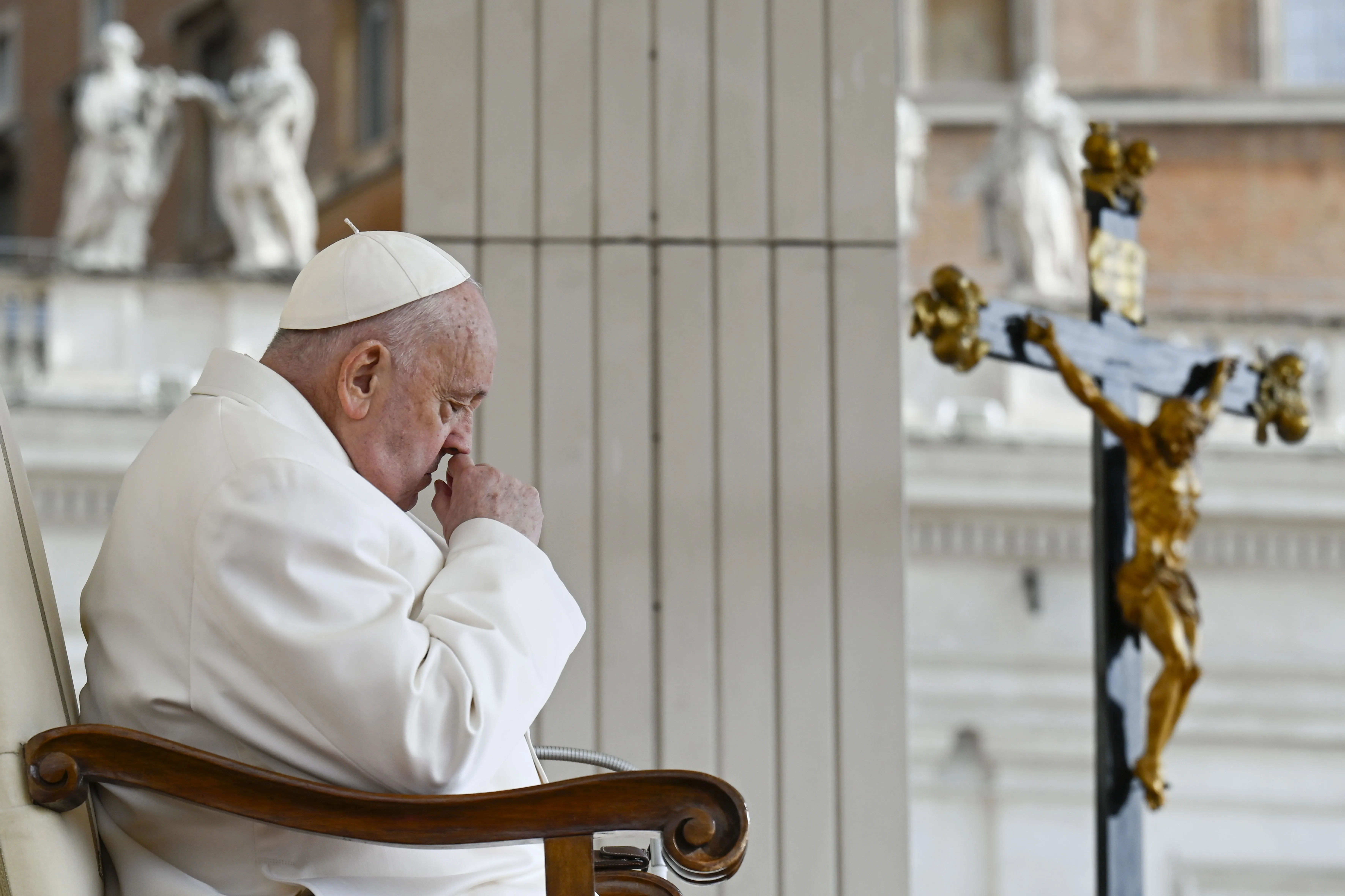 Pope Francis prays during his Wednesday general audience in St. Peter’s Square at the Vatican on April 24, 2024.?w=200&h=150