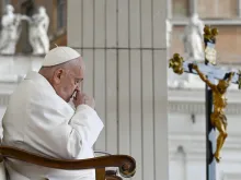 Pope Francis prays during his Wednesday general audience in St. Peter’s Square at the Vatican on April 24, 2024.