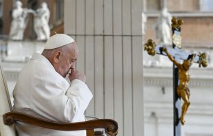 Pope Francis prays during his Wednesday general audience in St. Peter’s Square at the Vatican on April 24, 2024. Credit: Vatican Media