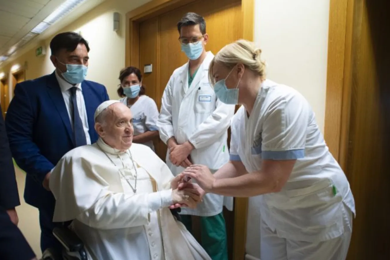 Pope Francis greets staff at the Gemelli Hospital in Rome, July 11, 2021.?w=200&h=150