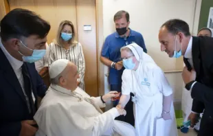 Pope Francis greets staff at the Gemelli Hospital in Rome, July 11, 2021 Vatican Media