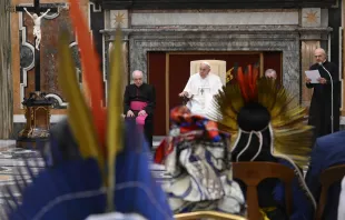 Pope Francis meets with participants of the conference “Indigenous Peoples’ Knowledge and the Sciences,” sponsored by the Pontifical Academies of Sciences and Social Sciences, held at the Vatican from March 14–15, 2024. Credit: Vatican Media