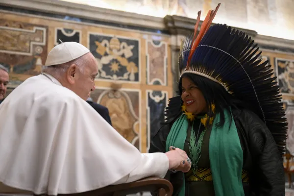 Pope Francis meets with participants of the conference “Indigenous Peoples’ Knowledge and the Sciences,” sponsored by the Pontifical Academies of Sciences and Social Sciences, held at the Vatican from March 14–15, 2024. Credit: Vatican Media