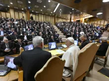Pope Francis meets with 300 priests taking part in the World Meeting of Parish Priests on May 2, 2024, at the Vatican.
