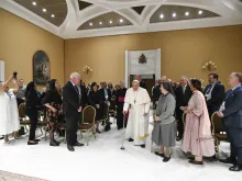 Pope Francis meets with participants of the “Care Is Work, Work Is Care” event sponsored by the Dicastery for Promoting Integral Human Development on May 8, 2024, at the Vatican.