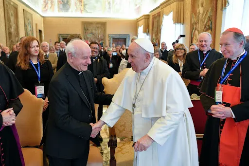Pope Francis greets Archbishop Vincenzo Paglia, the president of the Pontifical Academy for Life, on Feb. 20, 2023.?w=200&h=150