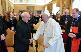 Pope Francis greets Archbishop Vincenzo Paglia, the president of the Pontifical Academy for Life, on Feb. 20, 2023. Credit: Vatican Media
