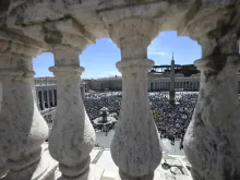 Pilgrims gather in St. Peter’s Square at the Vatican for Pope Francis’ Regina Caeli prayer and address on Sunday, May 5, 2024.