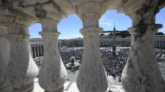 Pilgrims gather in St. Peter’s Square at the Vatican for Pope Francis’ Regina Caeli prayer and address on Sunday, May 5, 2024.