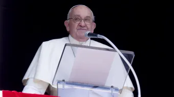 Pope Francis addresses pilgrims gathered in St. Peter’s Square at the Vatican after the recitation of the Regina Caeli prayer on April 14, 2024.