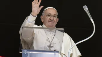 Pope Francis waves to pilgrims gathered in St. Peter’s Square on April 21, 2024, at the Vatican.