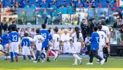 Pope Francis watches a friendly soccer game between Italian professional soccer players with children clad in uniforms as part of the first World Children’s Day on May 25, 2024, at Olympic Stadium in Rome.
