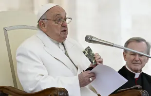 Pope Francis holds a rosary and New Testament that belonged to a slain 23-year-old Ukrainian soldier as he appeals for peace during his general audience on Wednesday, April 3, 2024. Credit: Vatican Media