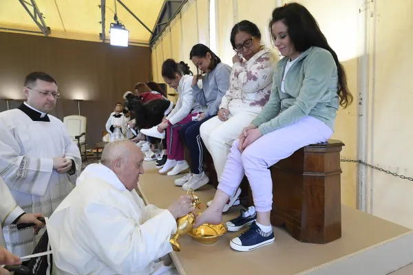 Pope Francis washes the feet of 12 women at the Rebibbia Women’s Prison in Rome on Holy Thursday, March 28, 2024. Credit: Vatican Media