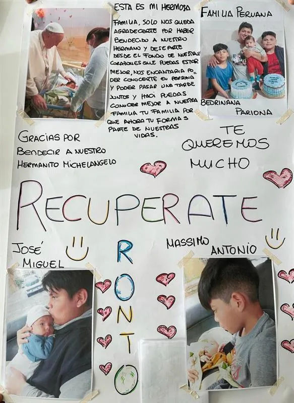 The family of a baby whom Pope Francis baptized during his stay in March 2023 sent the pope a poster June 8, 2023, thanking him for blessing baby Miguel Angel and wishing him a speedy recovery. Credit: Vatican Media