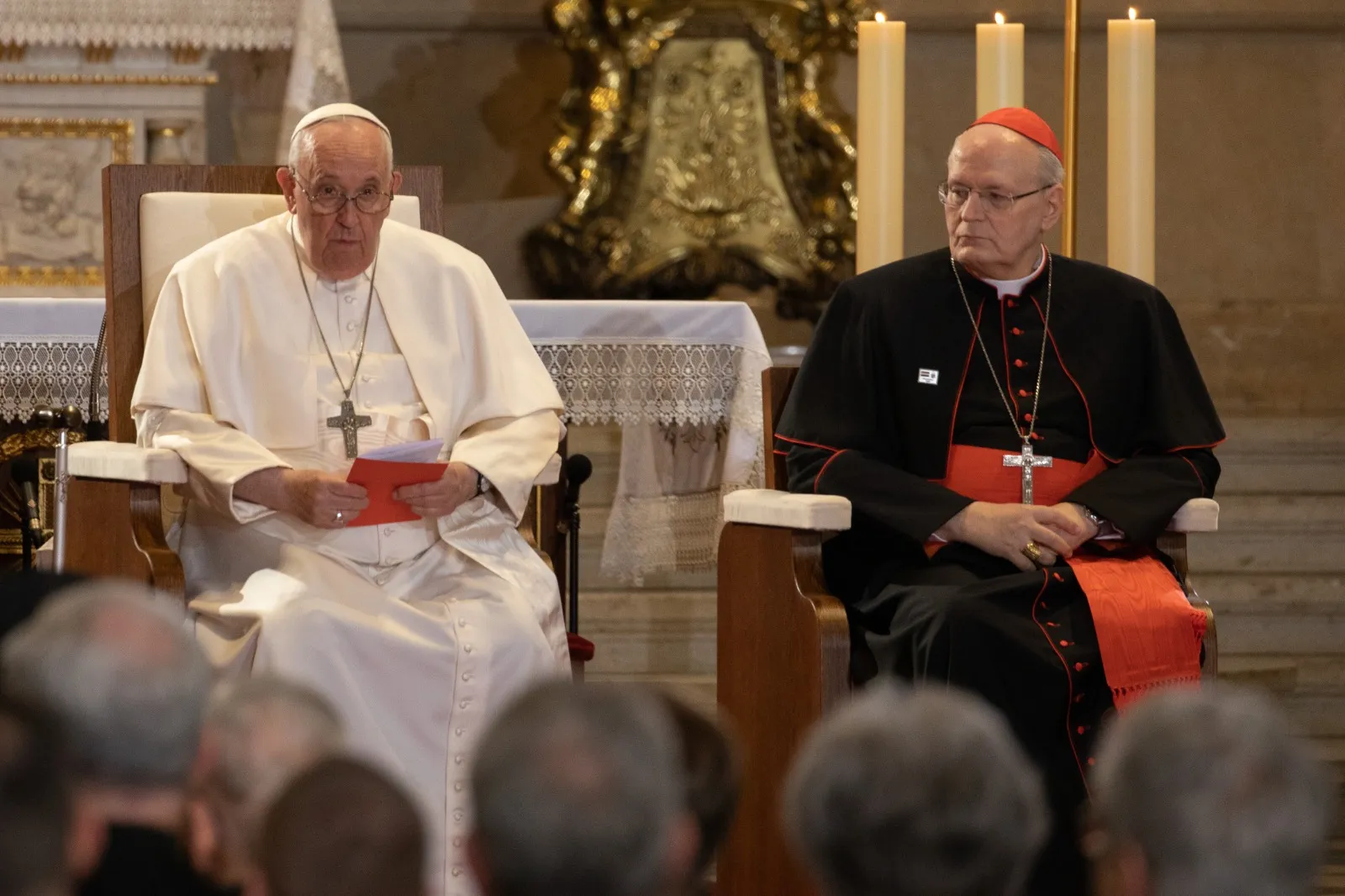 Pope Francis speaks to bishops, priests, deacons, consecrated persons, seminarians, and pastoral workers in St. Stephen's Co-Cathedral in Budapest, Hungary, April 28, 2023.?w=200&h=150