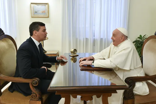 The Vatican released photos of Pope Francis' meeting with Paraguayan President Santiago Peña on Nov. 27, 2023 as the pope recovers from the flu. Vatican Media