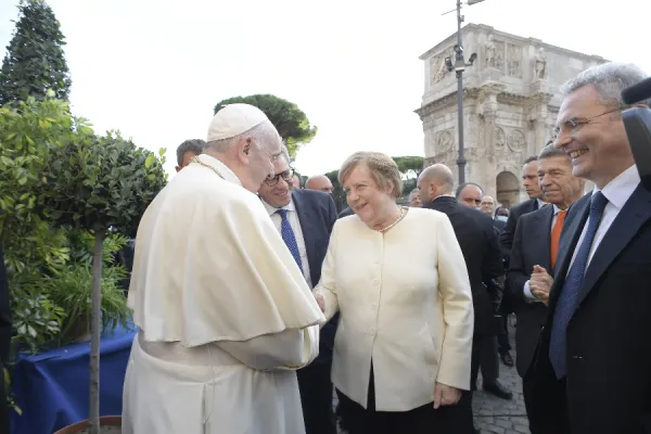 Pope Francis greets Angela Merkel after the closing ceremony. Vatican Media.