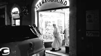 Pope Francis is seen leaving a record store in Rome.