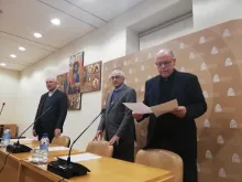 Left to right: Bishop Virgílio Antunes, Portuguese Episcopal Conference vice president; Bishop José Ornelas, conference president; and Father Manuel Barbosa, conference spokesman, during a press conference on March 3, 2023, which was held to discuss steps being taken to halt sexual abuse within the country's Catholic Church.