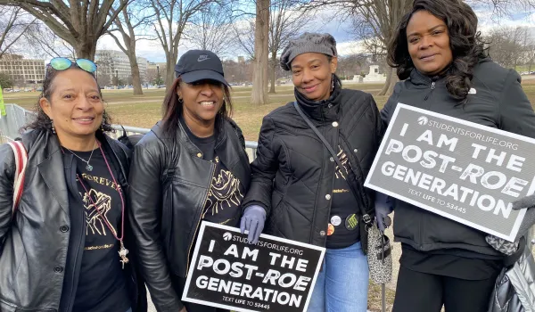 Connie Eller with MissouriBlacksforLife.org, Brenda Green, Vita Jackson, and Lily Johnson came from St. Louis, Missouri, and Illinois to be in Washington, D.C., on Jan. 20, 2023. They carried signs marking the first March for Life since the overturning of Roe: “I am the post-Roe generation.” Katie Yoder/CNA
