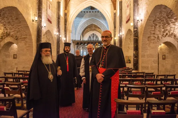 After the prayer of the Patriarchs and Heads of the Churches in Jerusalem on Friday, Oct. 20, 2023, in the Anglican Cathedral Church of St. George the Martyr, Episcopal Diocese of Jerusalem. From left to right: Theophilos III, Greek Orthodox patriarch of Jerusalem; Mar Yacoub Ephrem Semaan, patriarchal vicar of the Syriac Catholic Church; Father Francesco Patton, custos of the Holy Land; Justin Welby, archbishop of Canterbury; and Cardinal Pierbattista Pizzaballa, Latin patriarch of Jerusalem. Credit: Marinella Bandini