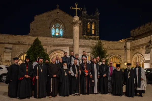 A group photo of the patriarchs and heads of the churches in Jerusalem after the prayer they celebrated together on Friday, Oct. 20, 2023, in the Anglican Cathedral Church of St. George the Martyr, Episcopal Diocese of Jerusalem. Credit: Marinella Bandini
