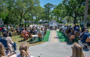 Families, donors, and others gather with Bishop Erik Pohlmeier for the dedication of the “Precious Ones Baby Mausoleum” at the San Lorenzo Cemetery in St. Augustine, Florida, on April 23, 2024. Credit: Fran Ruchalski/courtesy of the Archdiocese of St. Augustine