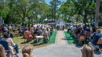 Families, donors, and others gather with Bishop Erik Pohlmeier for the dedication of the “Precious Ones Baby Mausoleum” at the San Lorenzo Cemetery in St. Augustine, Florida, on April 23, 2024.