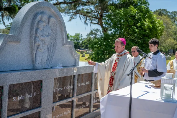 Bishop Erik Pohlmeier blesses the “Precious Ones Baby Mausoleum” at the San Lorenzo Cemetery in St. Augustine, Florida, on April 23, 2024. Credit: Fran Ruchalski/courtesy of the Archdiocese of St. Augustine