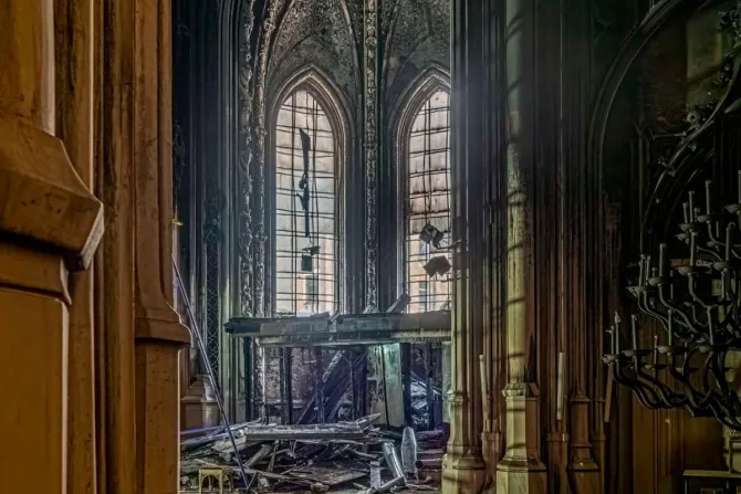 The burnt interior of the church