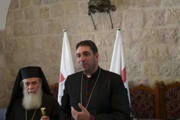 The Patriarchs and Heads of the Churches in Jerusalem during the press conference. Theophilos III, Greek Orthodox patriarch of Jerusalem; H.E. Hosam Naum, bishop of the Episcopal Diocese of Jerusalem. Credit: Marinella Brandini